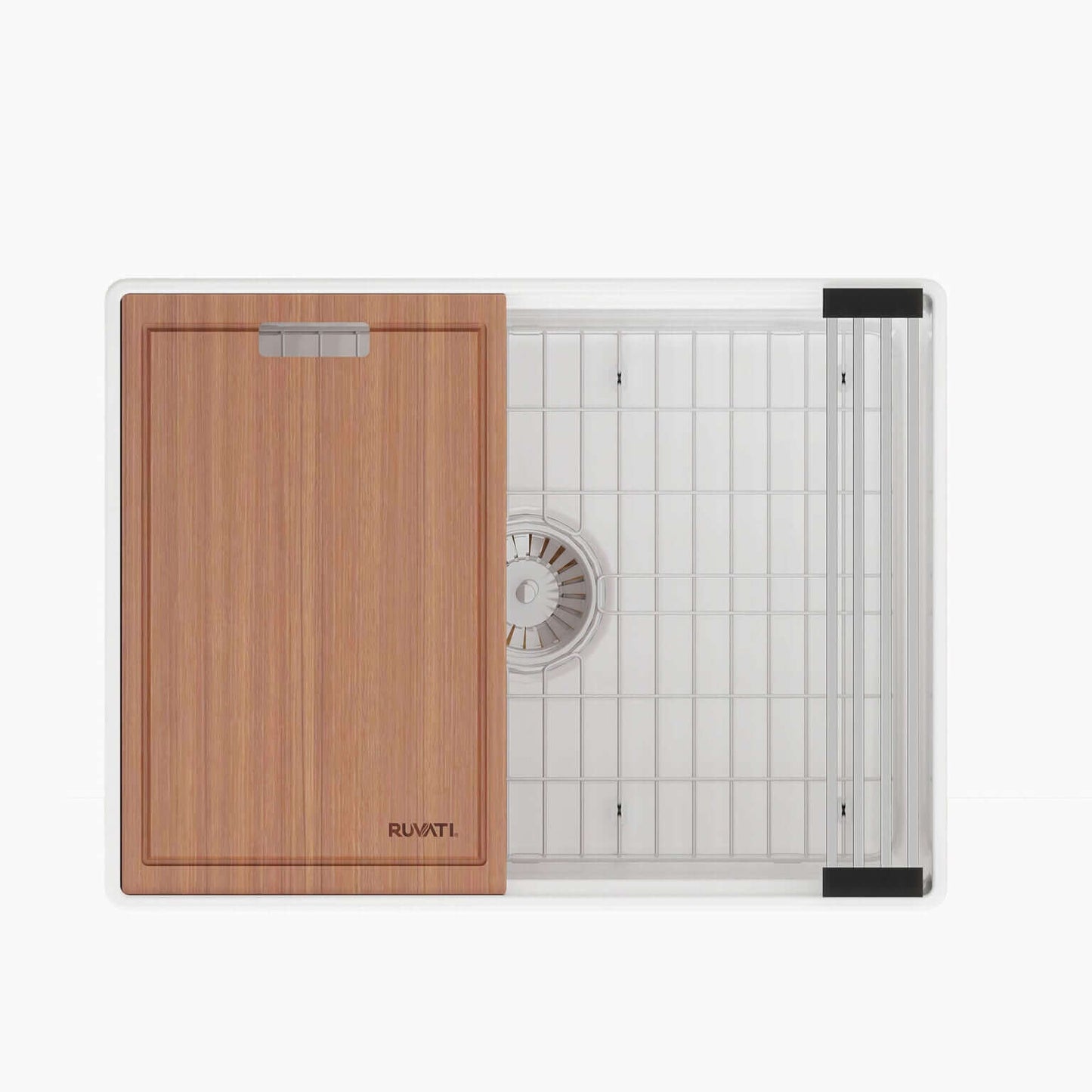 Ruvati 24" Fireclay Workstation Farmhouse Kitchen Sink White - RVL2484WH with bamboo cutting board cover