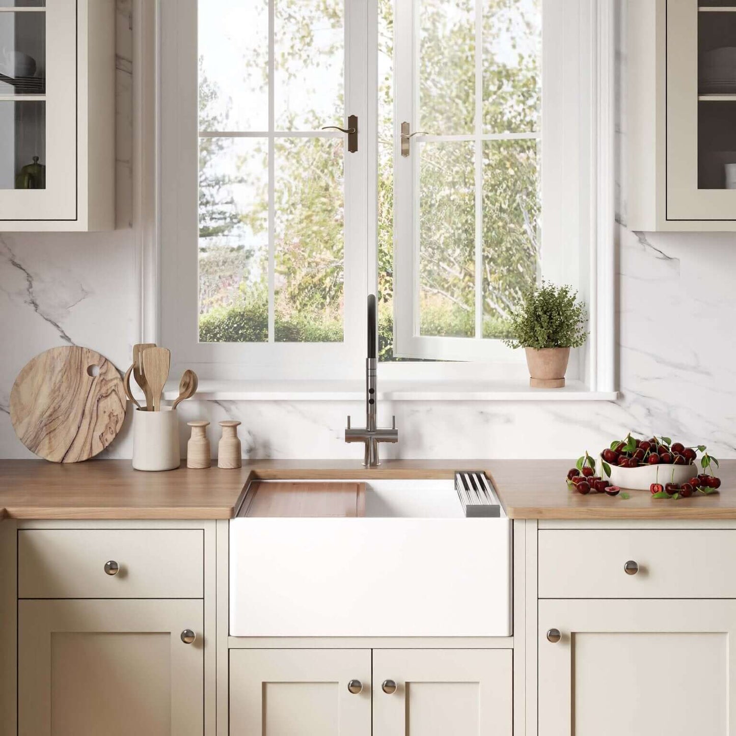 Ruvati 24" Fireclay Workstation Farmhouse Kitchen Sink White - RVL2484WH displayed in a stylish kitchen setting.