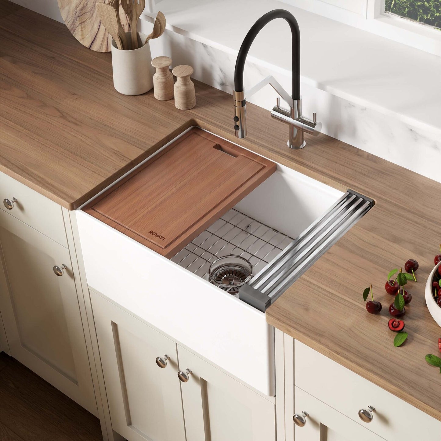 Ruvati 24" Fireclay Workstation Farmhouse Kitchen Sink White - RVL2484WH