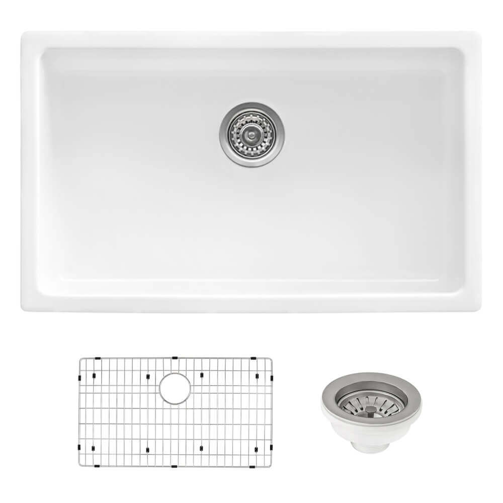Ruvati 27" Fireclay Dual-Mount Kitchen Sink Single Bowl - RVL2707 with sink grid and drain assembly