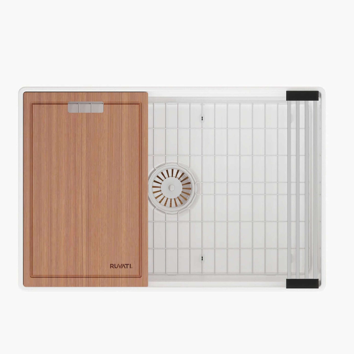 Ruvati 27" Fireclay Workstation Farmhouse Kitchen Sink White - RVL2781WH with wooden cutting board attachment.