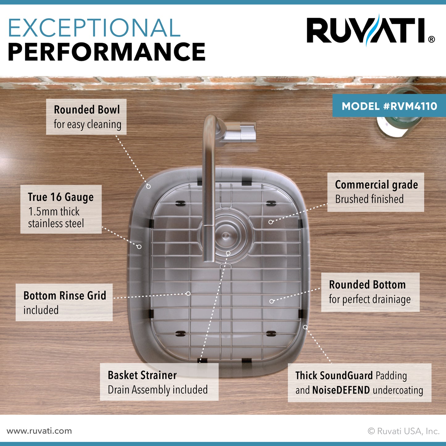 Ruvati 15" Undermount Bar Prep Sink Single Bowl - RVM4110