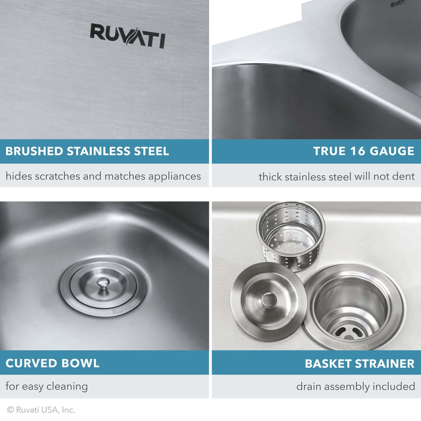 Ruvati 15" Undermount Bar Prep Sink Single Bowl - RVM4110 features brushed stainless steel, true 16 gauge, curved bowl, and basket strainer.