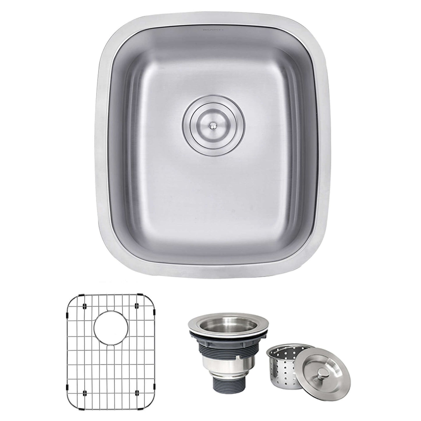 Ruvati 15" Undermount Bar Prep Sink Single Bowl - RVM4110 with accessories including grid and drain assembly.
