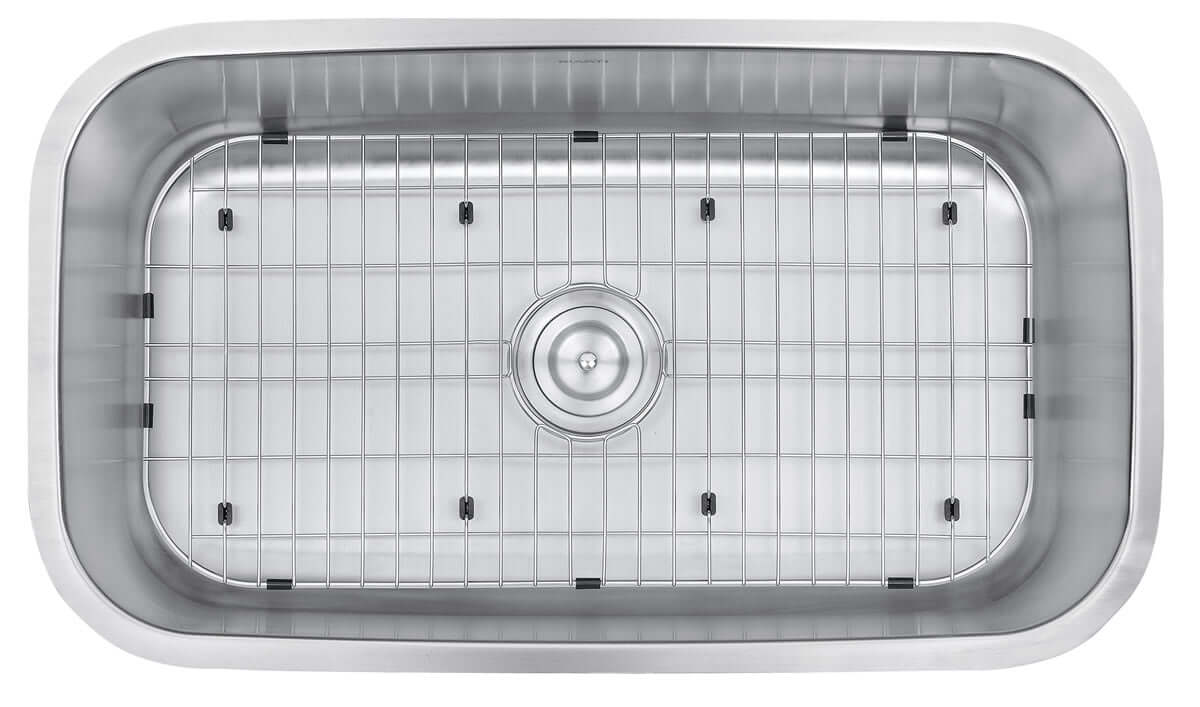 Ruvati 32" Undermount Kitchen Sink Single Bowl - RVM4200 with a bowl depth of 10 inches and a built-in grid.