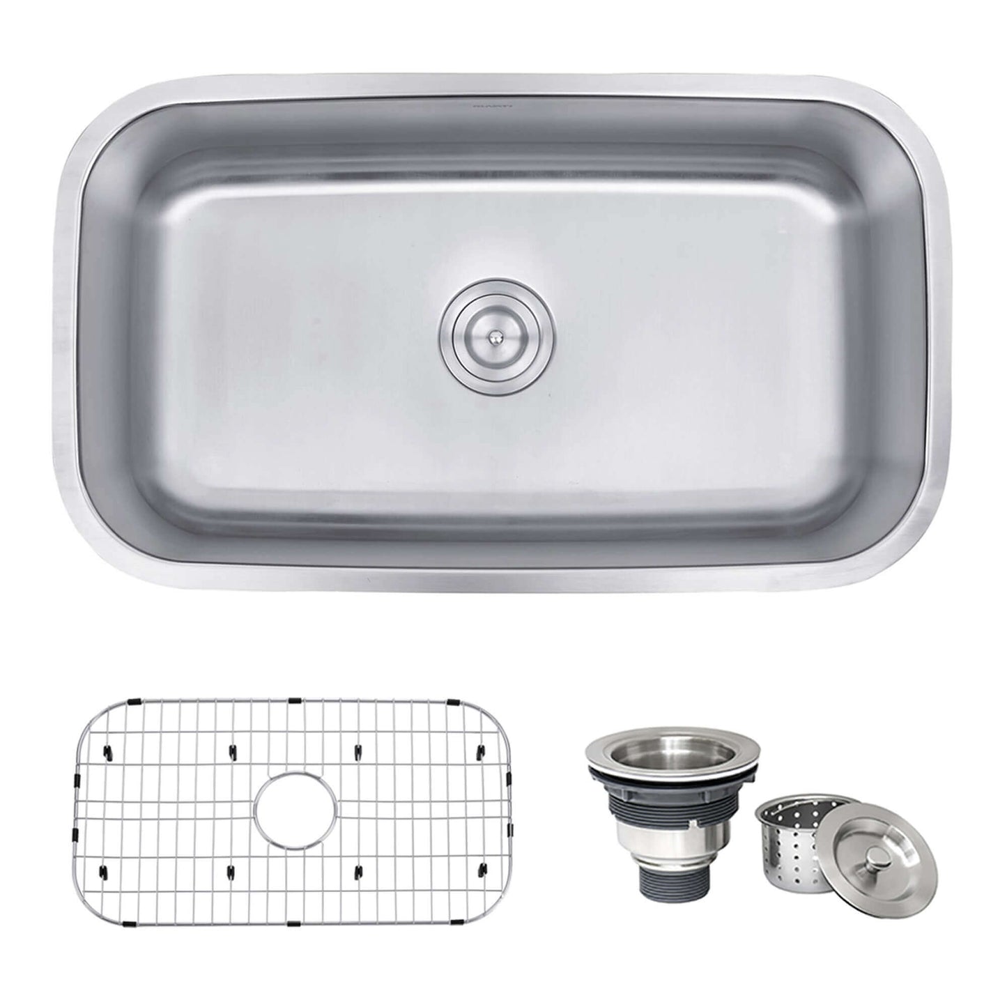 Ruvati 32" Undermount Kitchen Sink Single Bowl - RVM4200 with stainless steel construction and accessories.