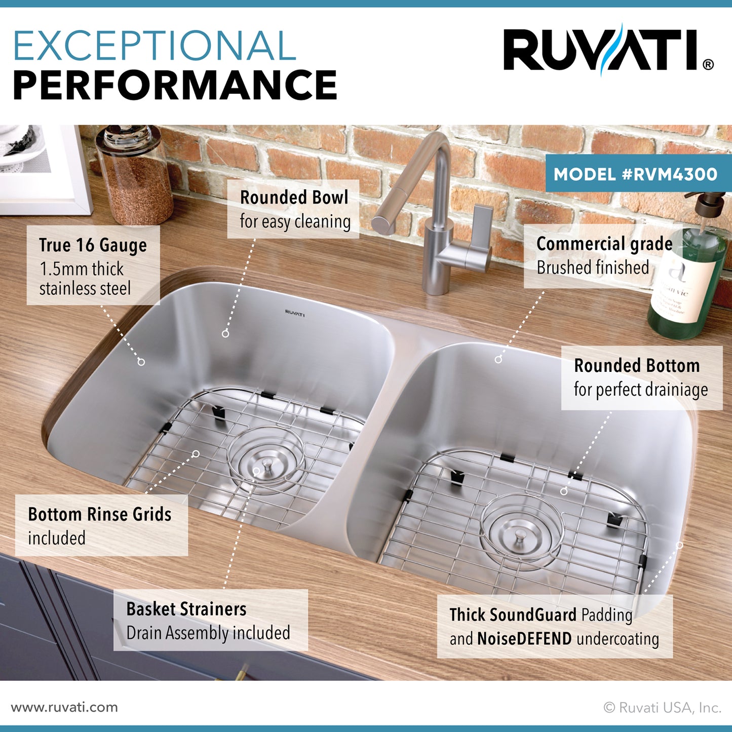 Ruvati 32" Undermount Kitchen Sink 50/50 Double Bowl - RVM4300