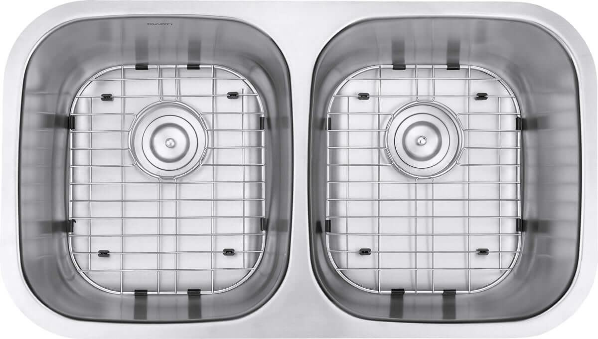 Ruvati 32" Undermount Kitchen Sink 50/50 Double Bowl - RVM4300 with dual basins and protective grids.