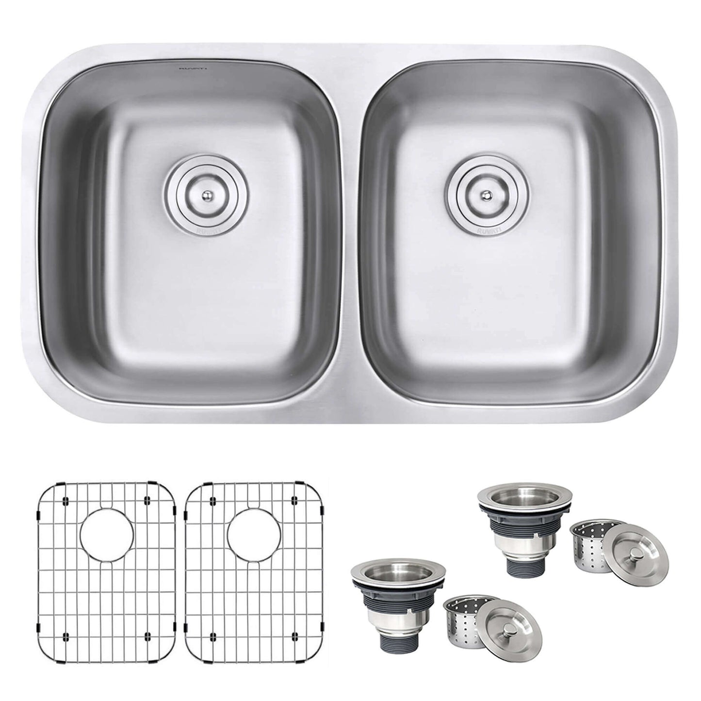 Ruvati 32" Undermount Kitchen Sink 50/50 Double Bowl - RVM4300 with two basins and accessories.