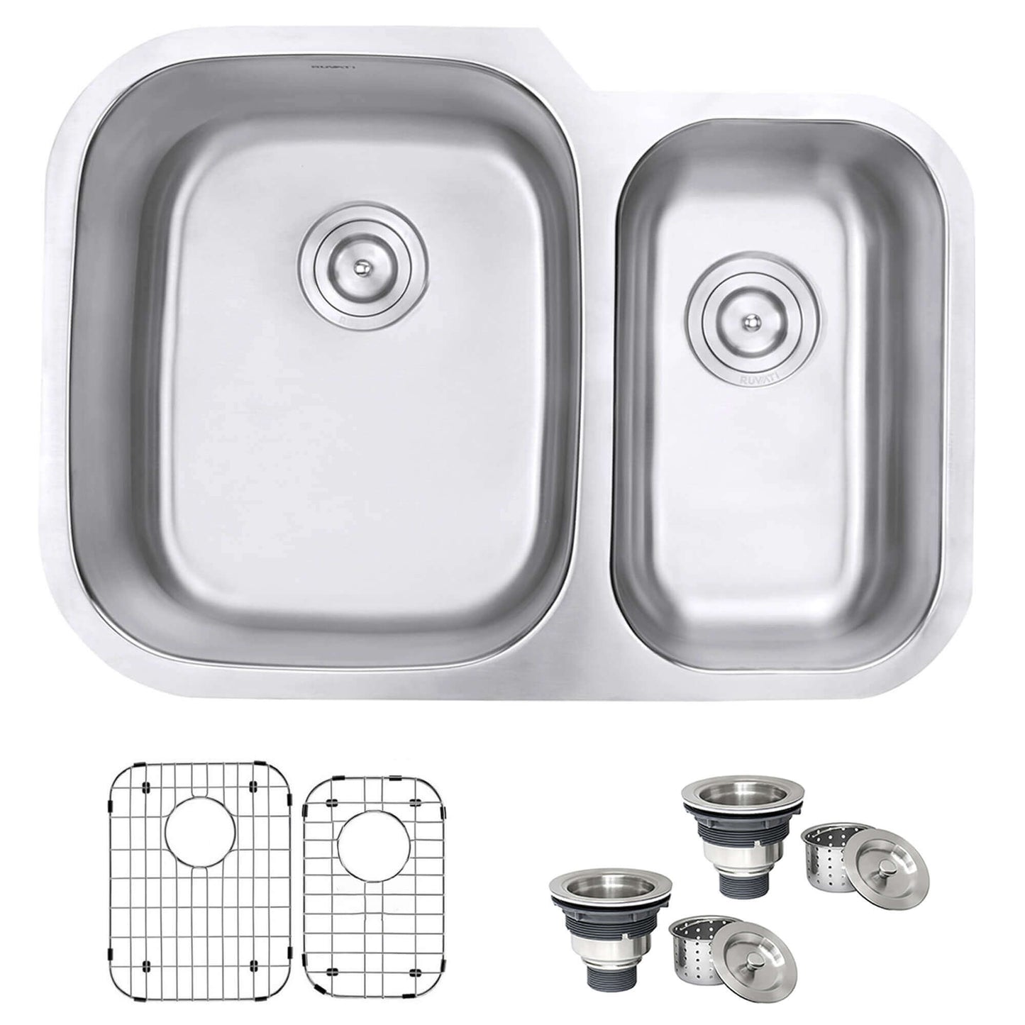 Ruvati 29" Undermount Kitchen Sink 60/40 Double Bowl - RVM4500 with accessories and protective grids.