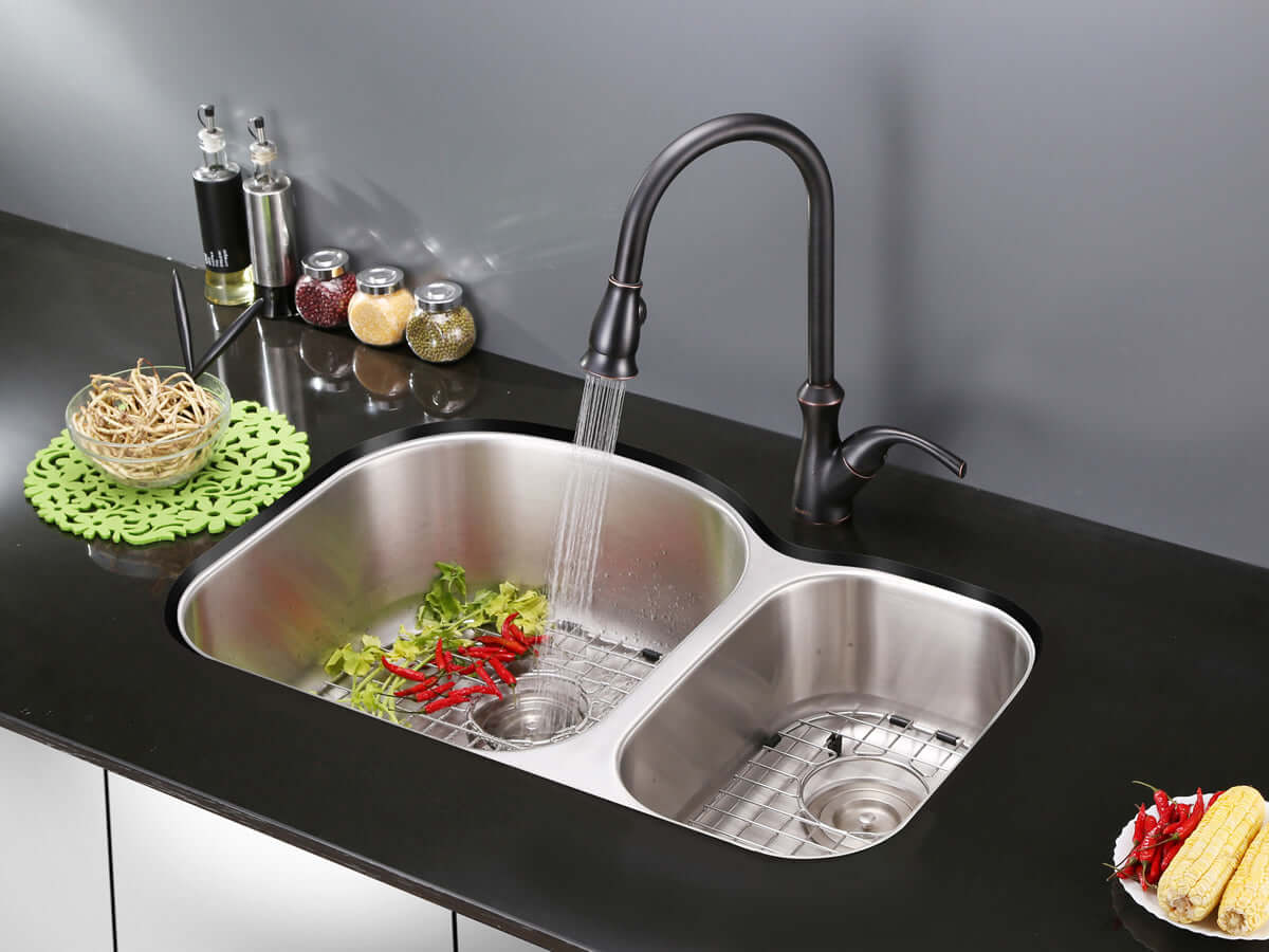 Ruvati 34" Undermount Kitchen Sink 60/40 Double Bowl - RVM4600 with fresh produce and modern faucet.