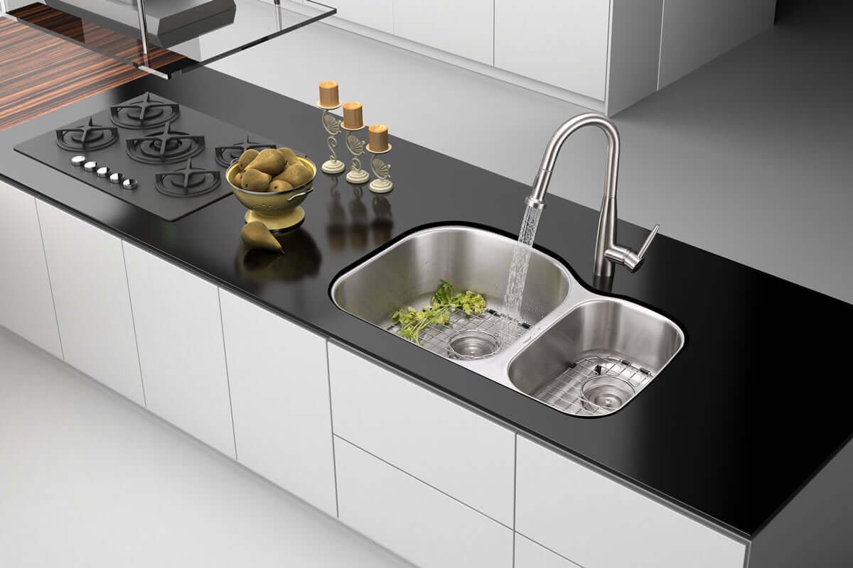 Ruvati 34" Undermount Kitchen Sink 60/40 Double Bowl - RVM4600 featuring a stylish modern kitchen with black countertop.