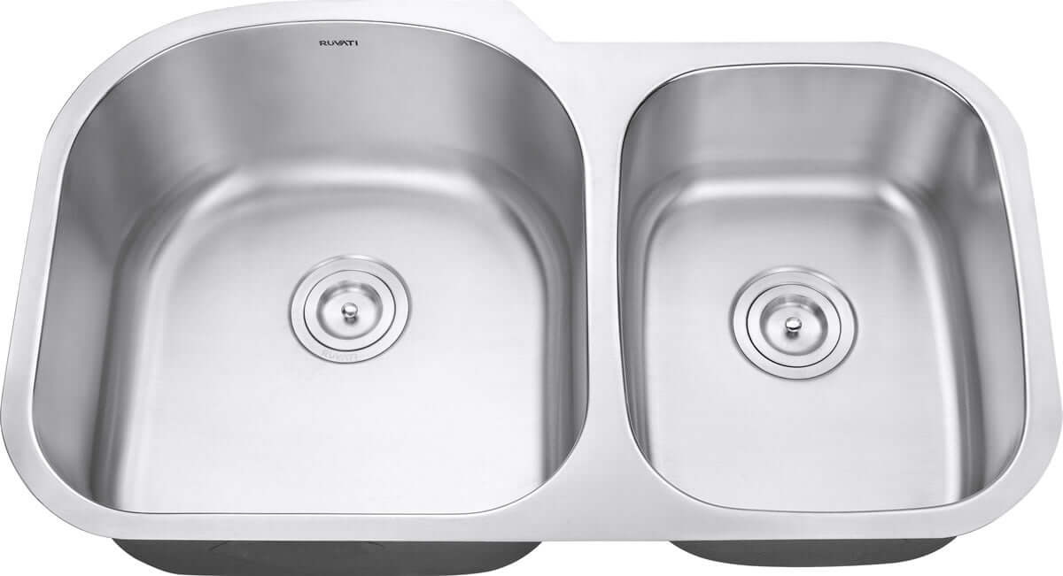 Ruvati 34" Undermount Kitchen Sink 60/40 Double Bowl - RVM4600 featuring classic curved corners and stainless steel finish.