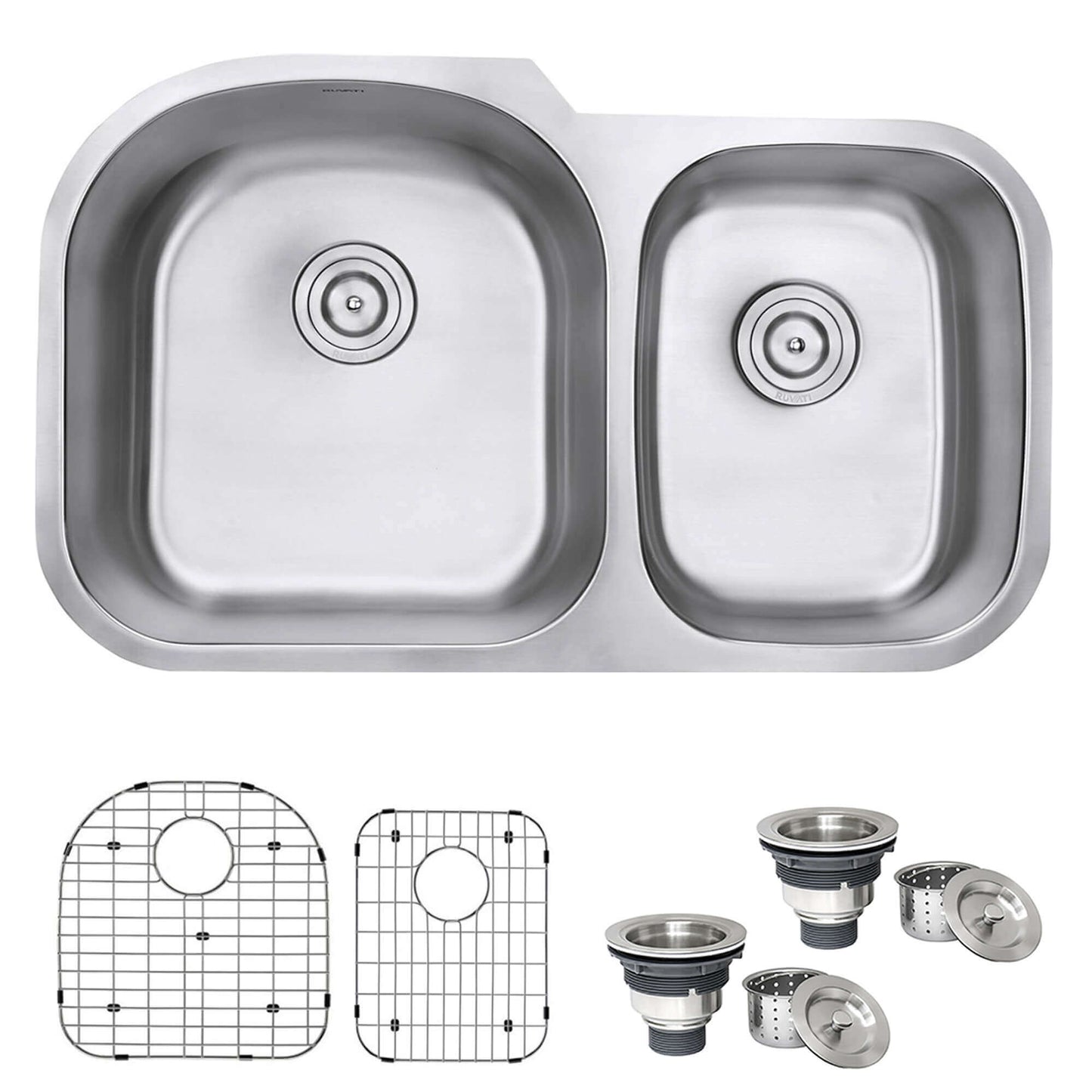 Ruvati 34" Undermount Kitchen Sink 60/40 Double Bowl - RVM4600 with accessories and grids.