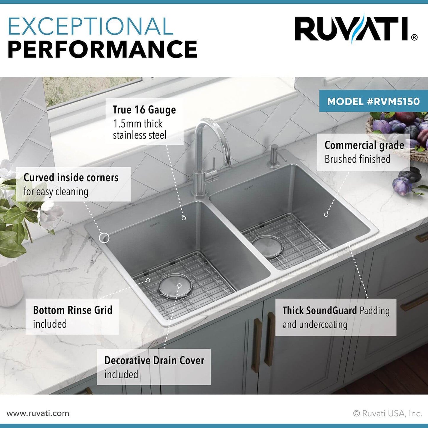 Ruvati 33" Topmount Kitchen Sink 50/50 Double Bowl - RVM5150