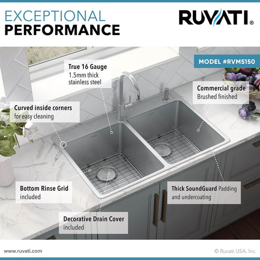 Ruvati 33" Topmount Kitchen Sink 50/50 Double Bowl - RVM5150