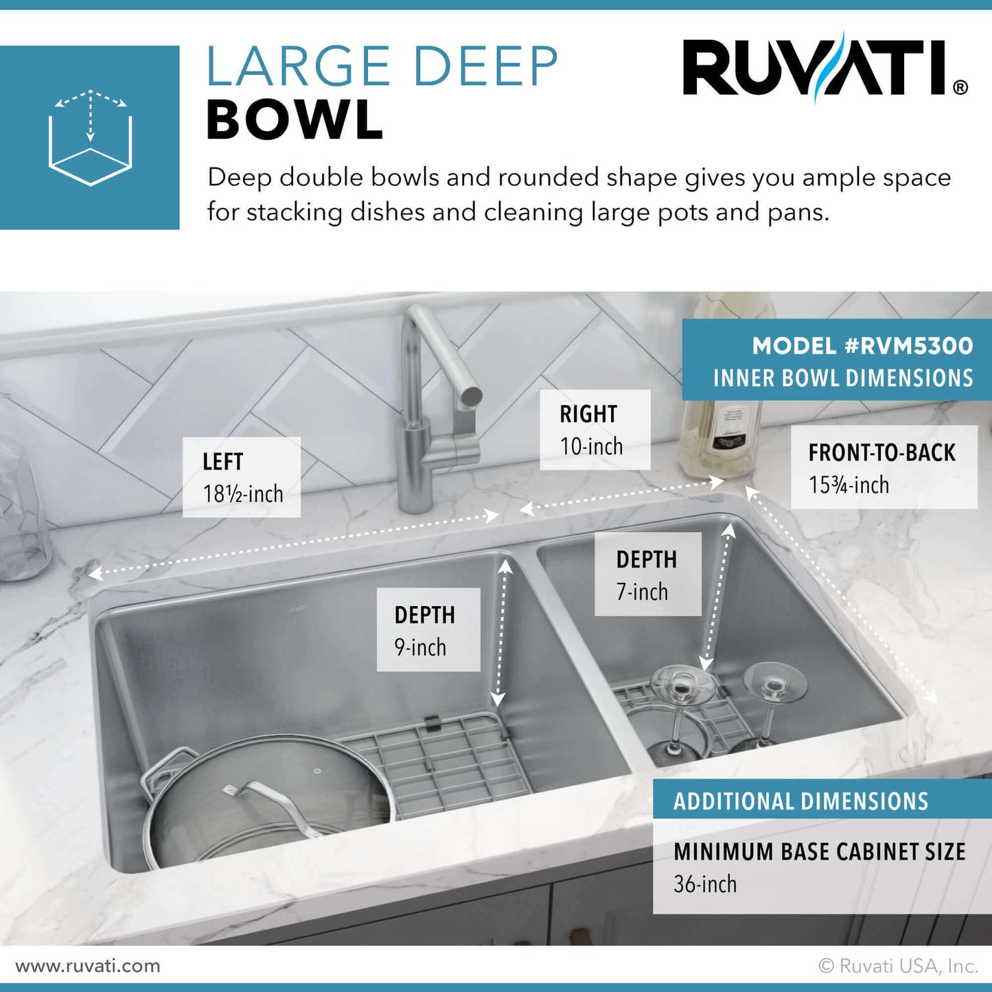 Ruvati 32" Undermount Kitchen Sink 70/30 Double Bowl - RVM5300 with deep double bowls for stacking dishes and cleaning large pots.