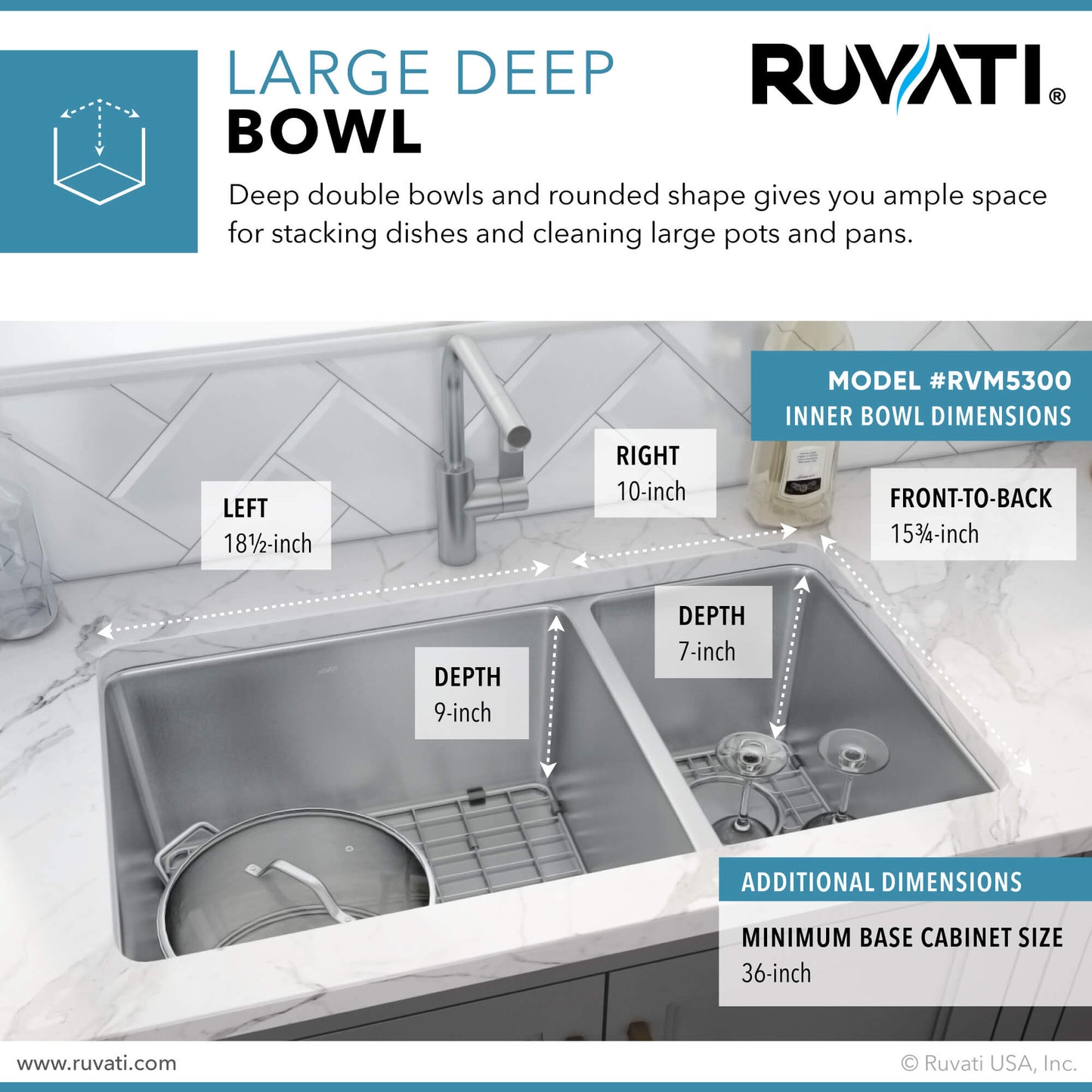 Ruvati 32" Undermount Kitchen Sink 70/30 Double Bowl - RVM5300