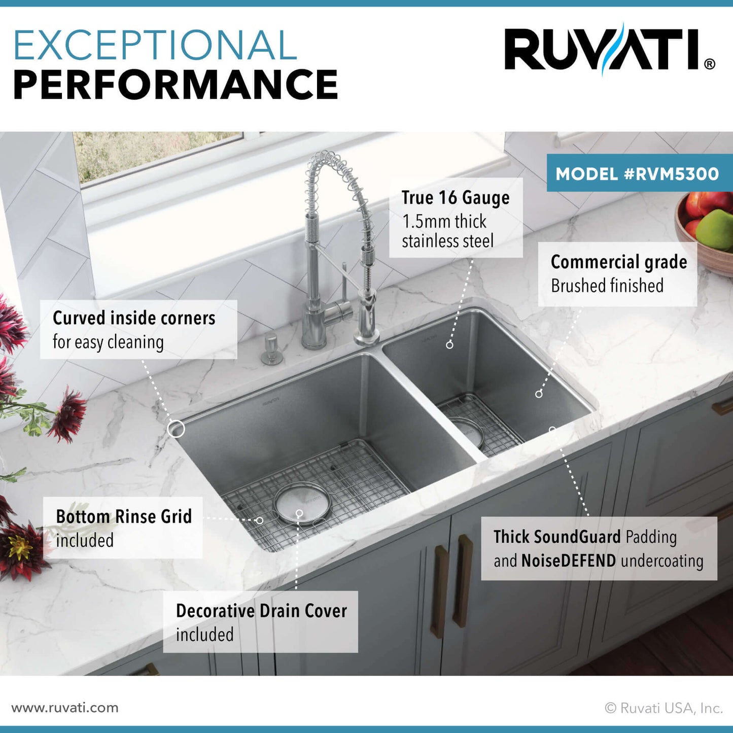 Ruvati 32" Undermount Kitchen Sink 70/30 Double Bowl - RVM5300 showcasing exceptional performance features including True 16 Gauge stainless steel.
