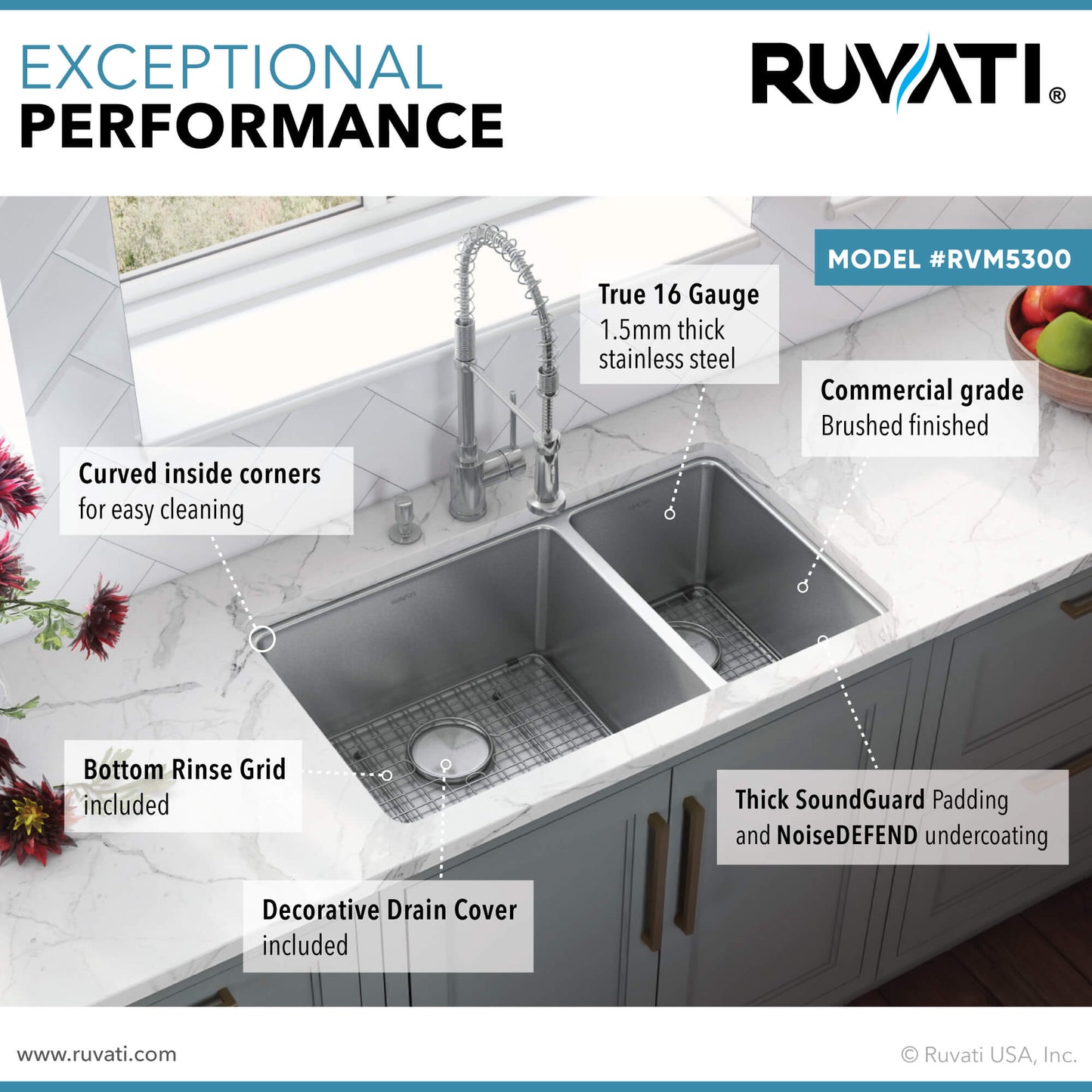 Ruvati 32" Undermount Kitchen Sink 70/30 Double Bowl - RVM5300