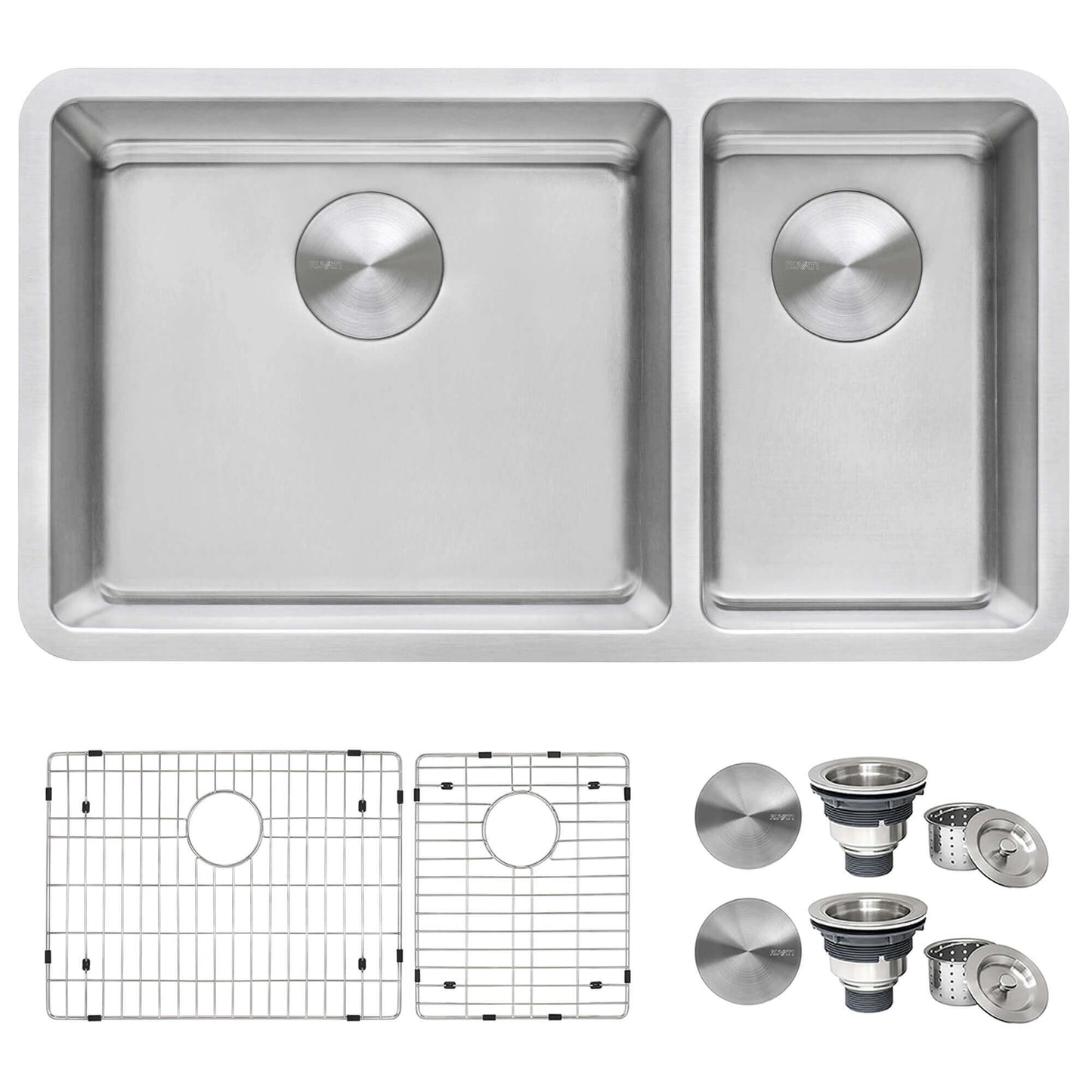 Ruvati 32" Undermount Kitchen Sink 70/30 Double Bowl - RVM5300 with accessories and sink grids.