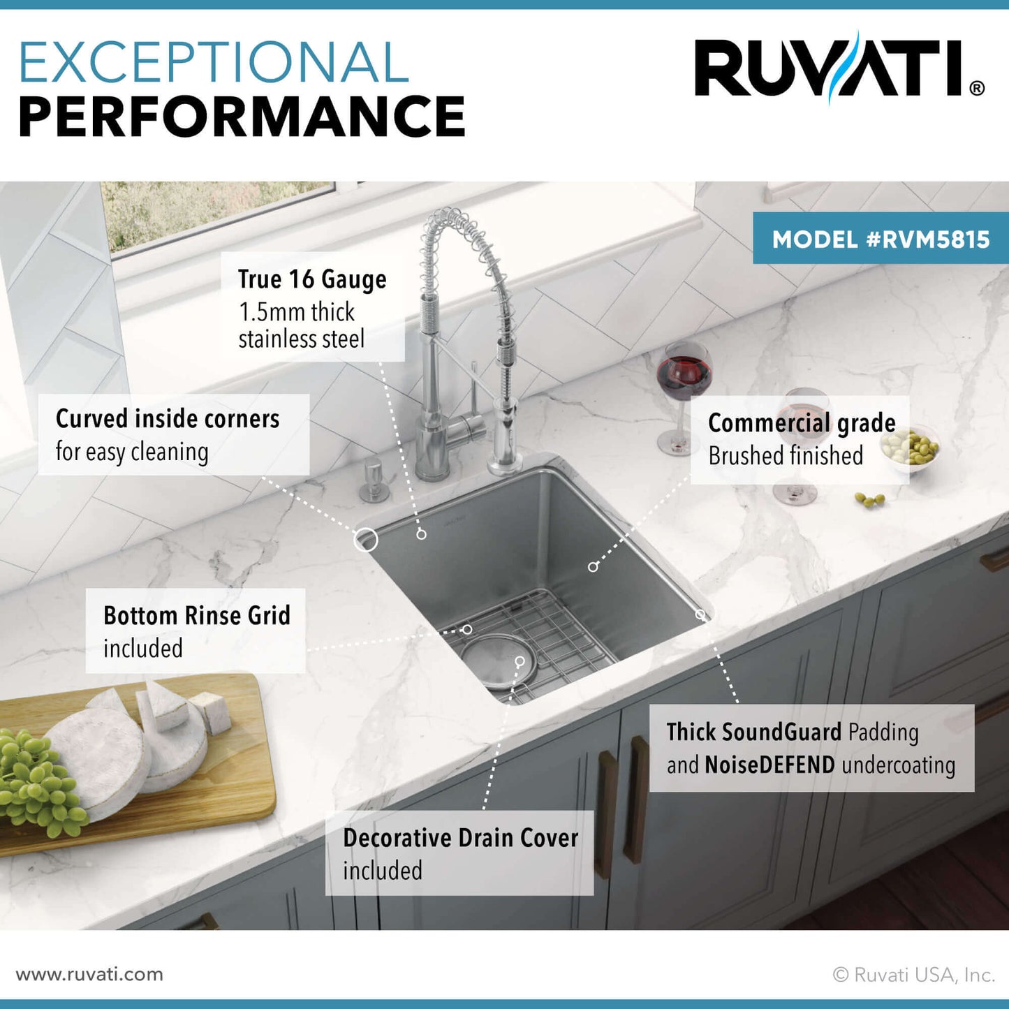 Ruvati 15" Undermount Bar Prep Kitchen Sink Single Bowl - RVM5815 features exceptional performance and stainless steel design.