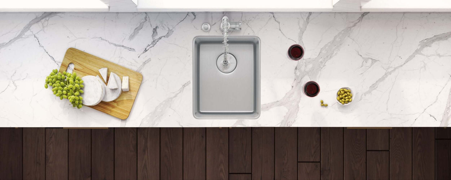 Ruvati 15" Undermount Bar Prep Kitchen Sink Single Bowl - RVM5815 installed in a modern kitchen with marble countertop.