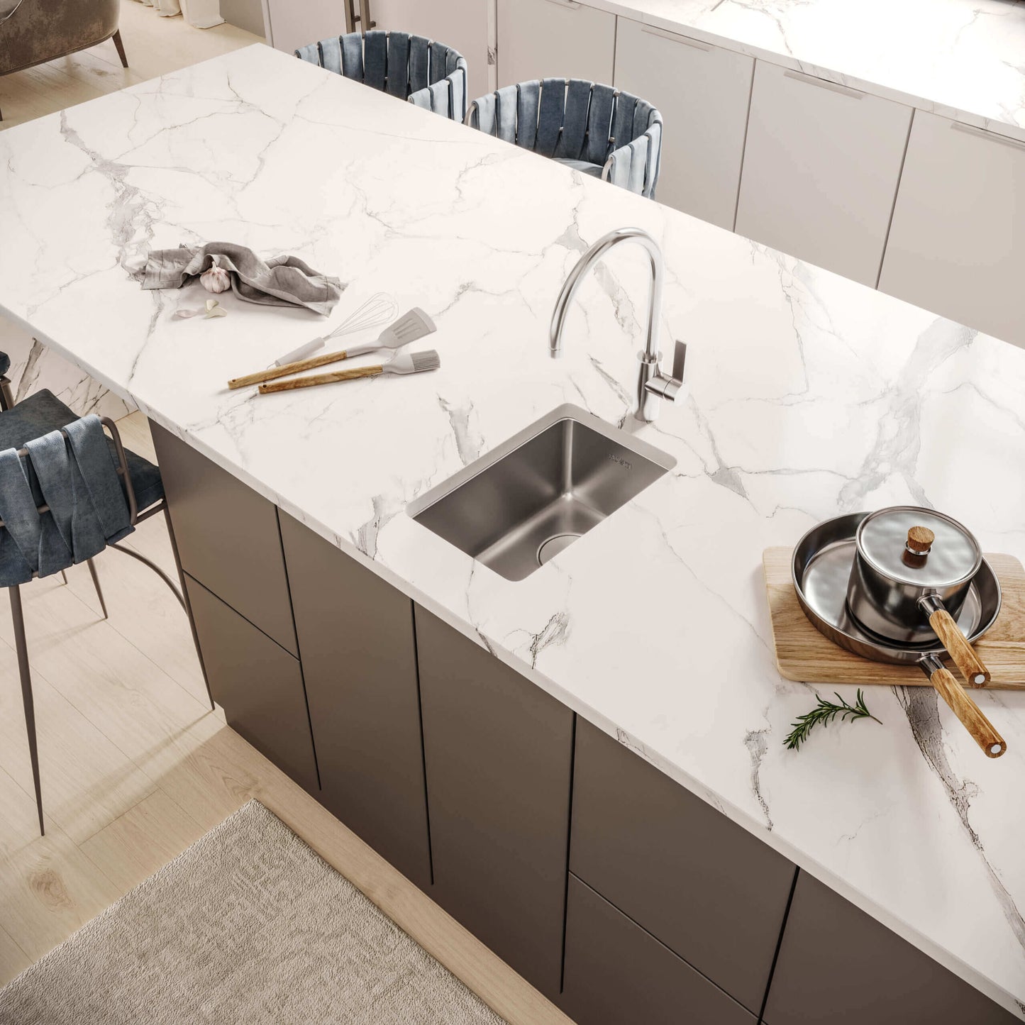 Ruvati 15" Undermount Bar Prep Kitchen Sink Single Bowl - RVM5815 installed in a modern kitchen countertop with marble finish.