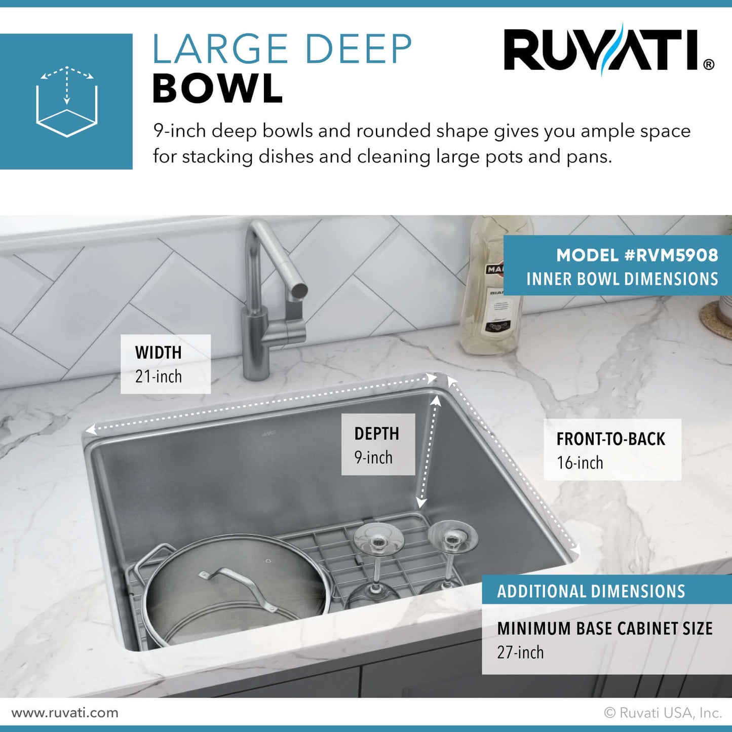 Ruvati 23" Undermount Bar Prep Kitchen Sink Single Bowl - RVM5908 with large deep bowl dimensions and easy cleaning features