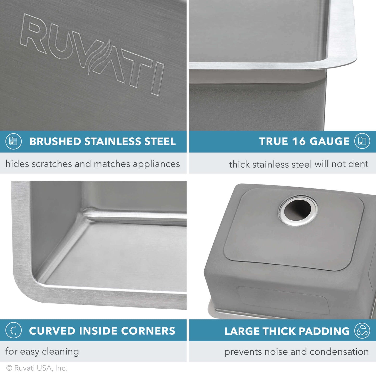 Ruvati 23" Undermount Bar Prep Kitchen Sink Single Bowl - RVM5908 features brushed stainless steel, true 16 gauge, curved corners, and thick padding.