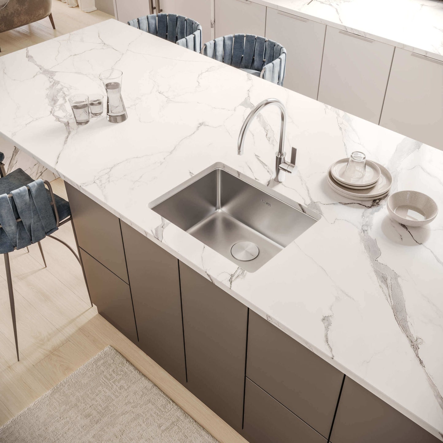 Ruvati 23" Undermount Bar Prep Kitchen Sink Single Bowl - RVM5908 installed in a modern kitchen countertop.