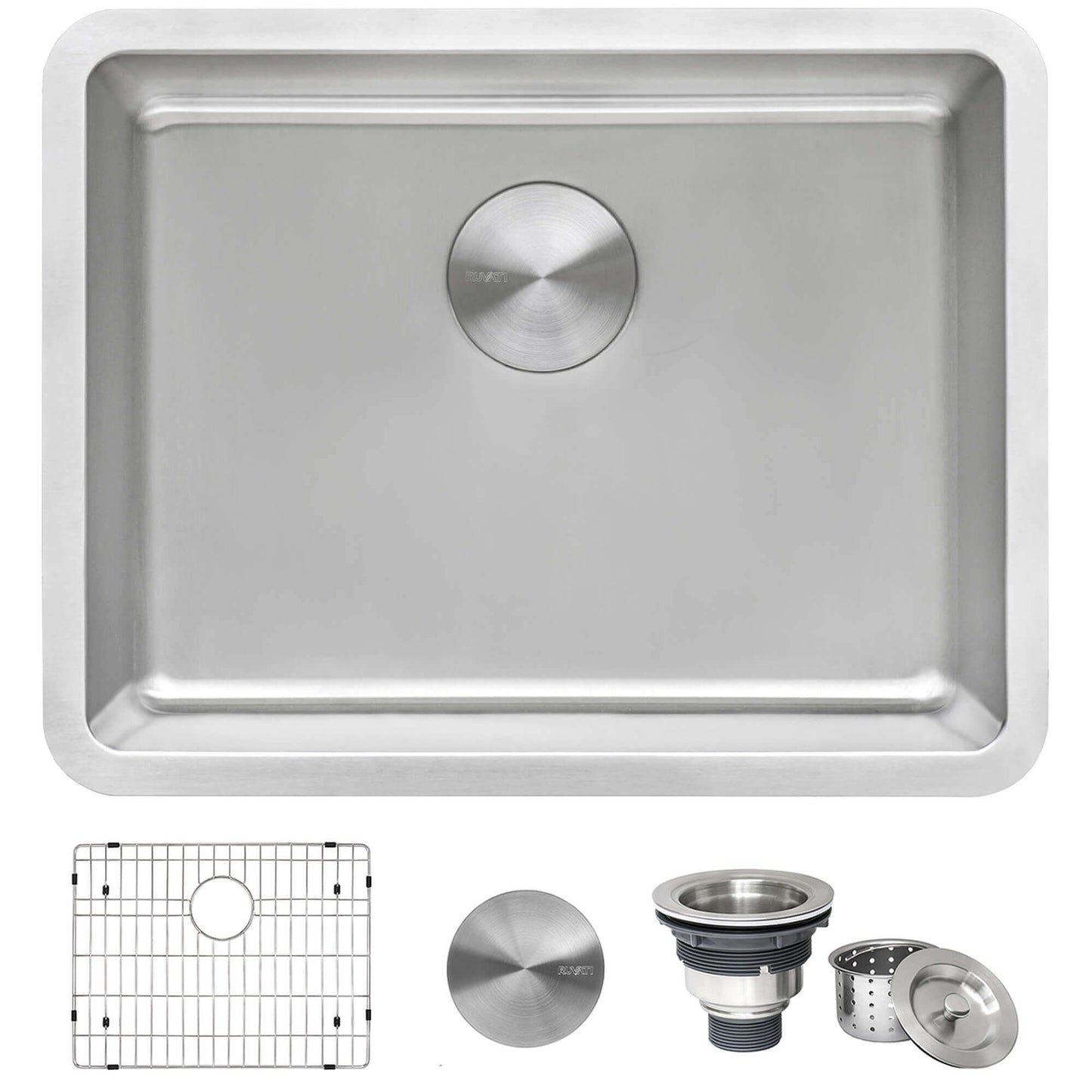 Ruvati 23" Undermount Bar Prep Kitchen Sink Single Bowl - RVM5908 with accessories including grid and strainer.