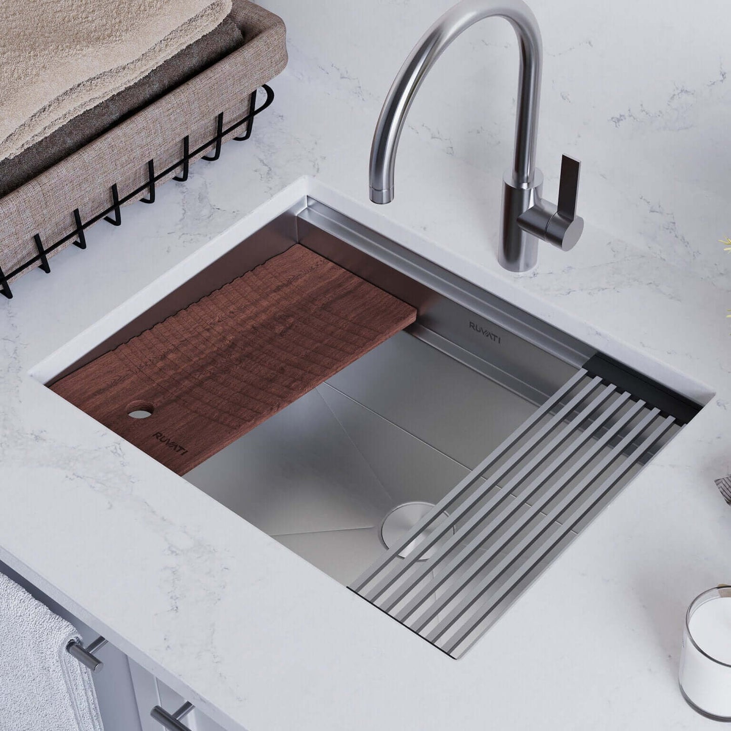 Ruvati 23" Deep Laundry Workstation Sink with Washboard - RVU6525 featuring wooden washboard and modern faucet.
