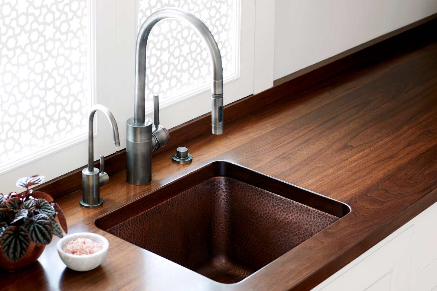 Undermount or drop-in Thompson Rivera hand-hammered antique copper bar and prep sink, KPU-1715HA