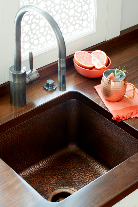 Thompson Rivera 17 inch square hand-hammered antique copper bar and prep sink, KPU-1715HA