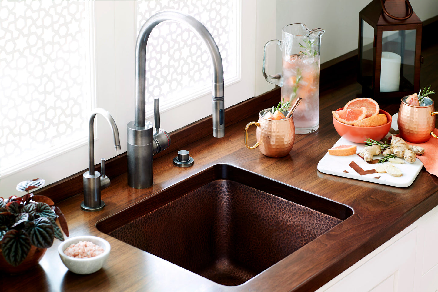 Thompson Rivera hand-hammered antique copper bar and prep sink KPU-1715HA, styled photo