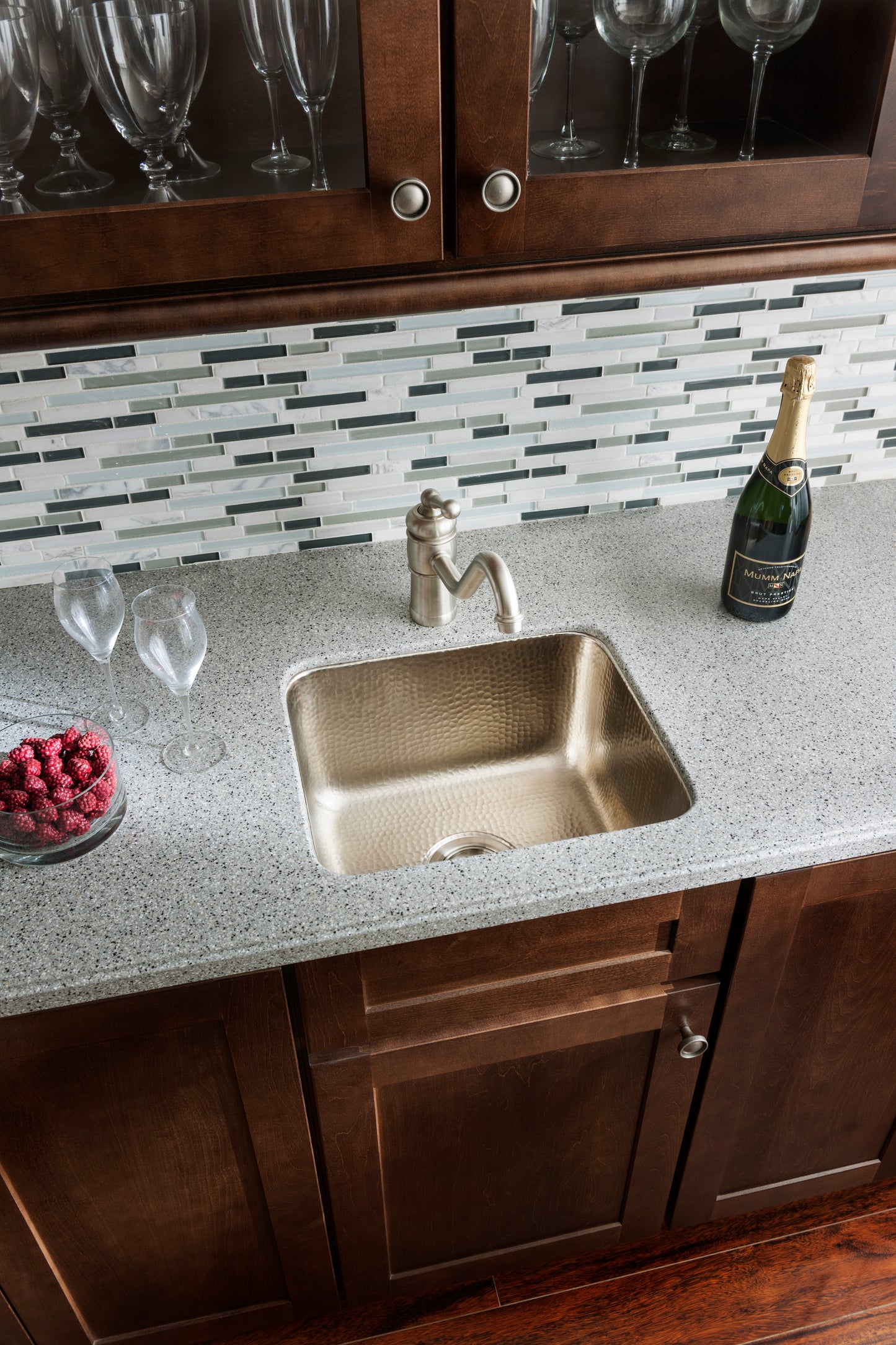 Thompson Rivera 17 inch square hand-hammered nickel bar and prep sink, KPU-1715BRN