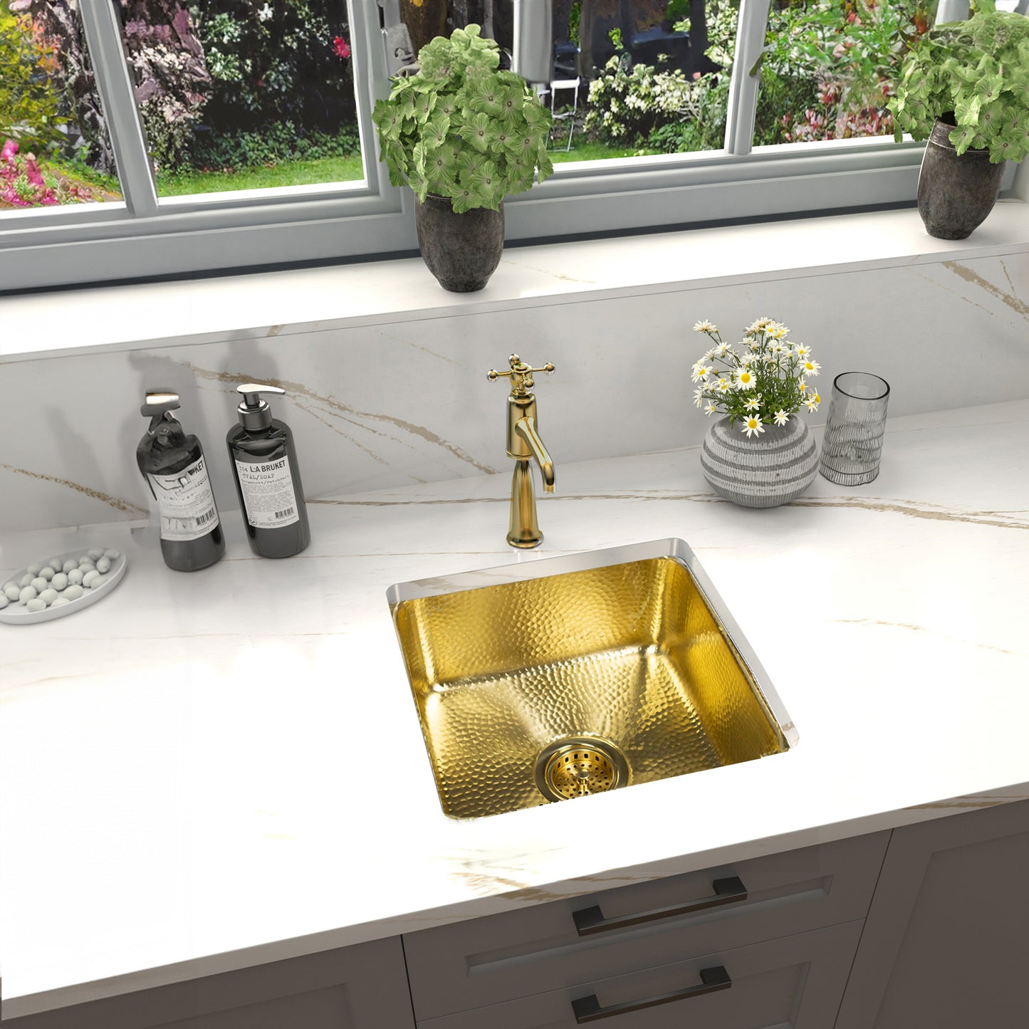 Nantucket SQRB-7MF 16.625-inch hand-hammered matte brass square bar sink, installed