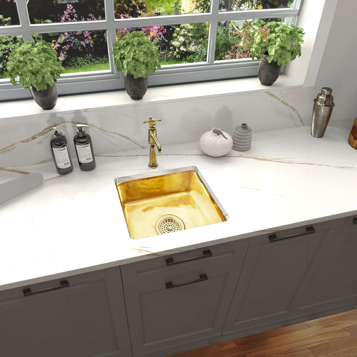 Nantucket SQRB-7SM 16.625-inch smooth polished brass square bar sink, installed