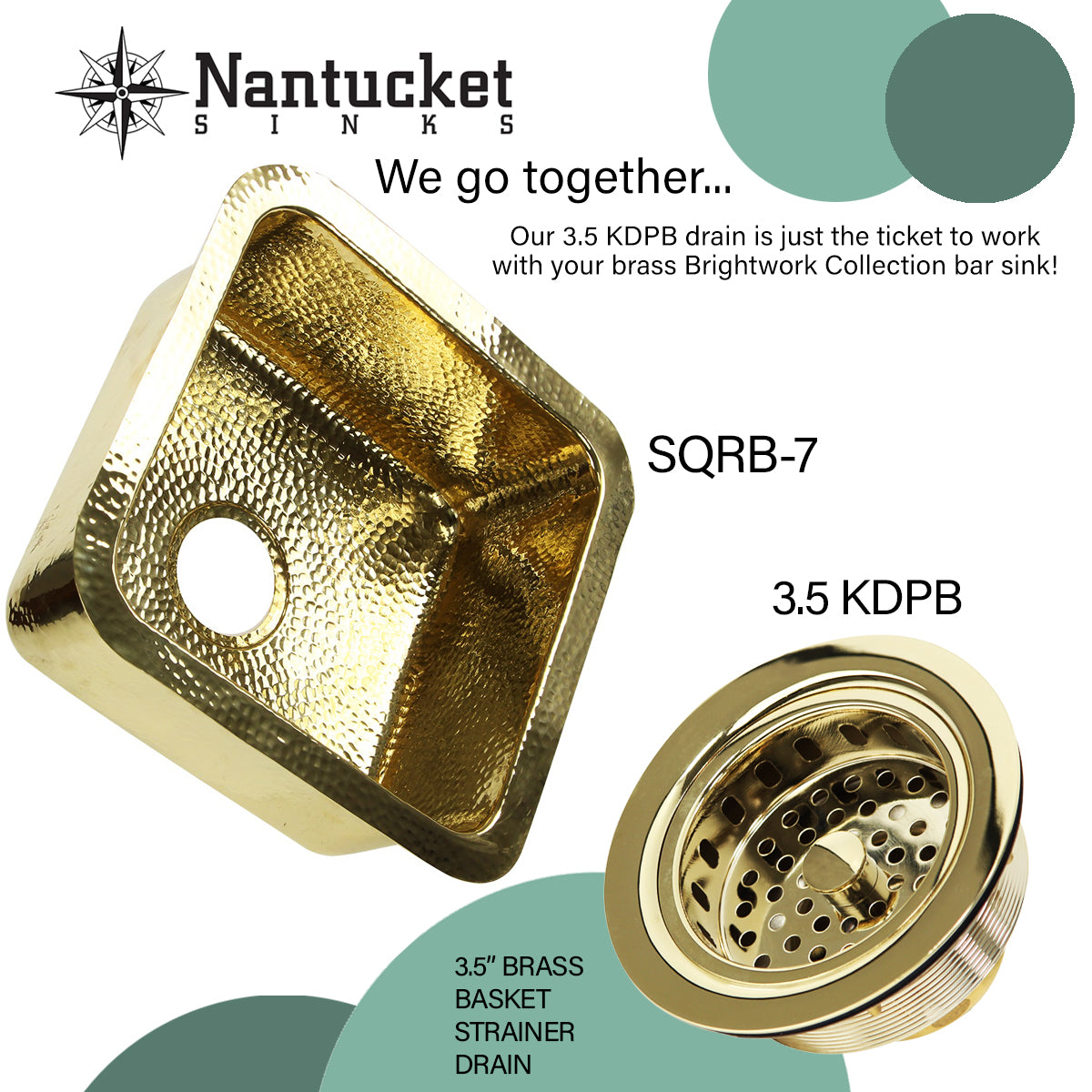 Nantucket SQRB-7 brass bar sink with 3.5 KDPB polished brass drain