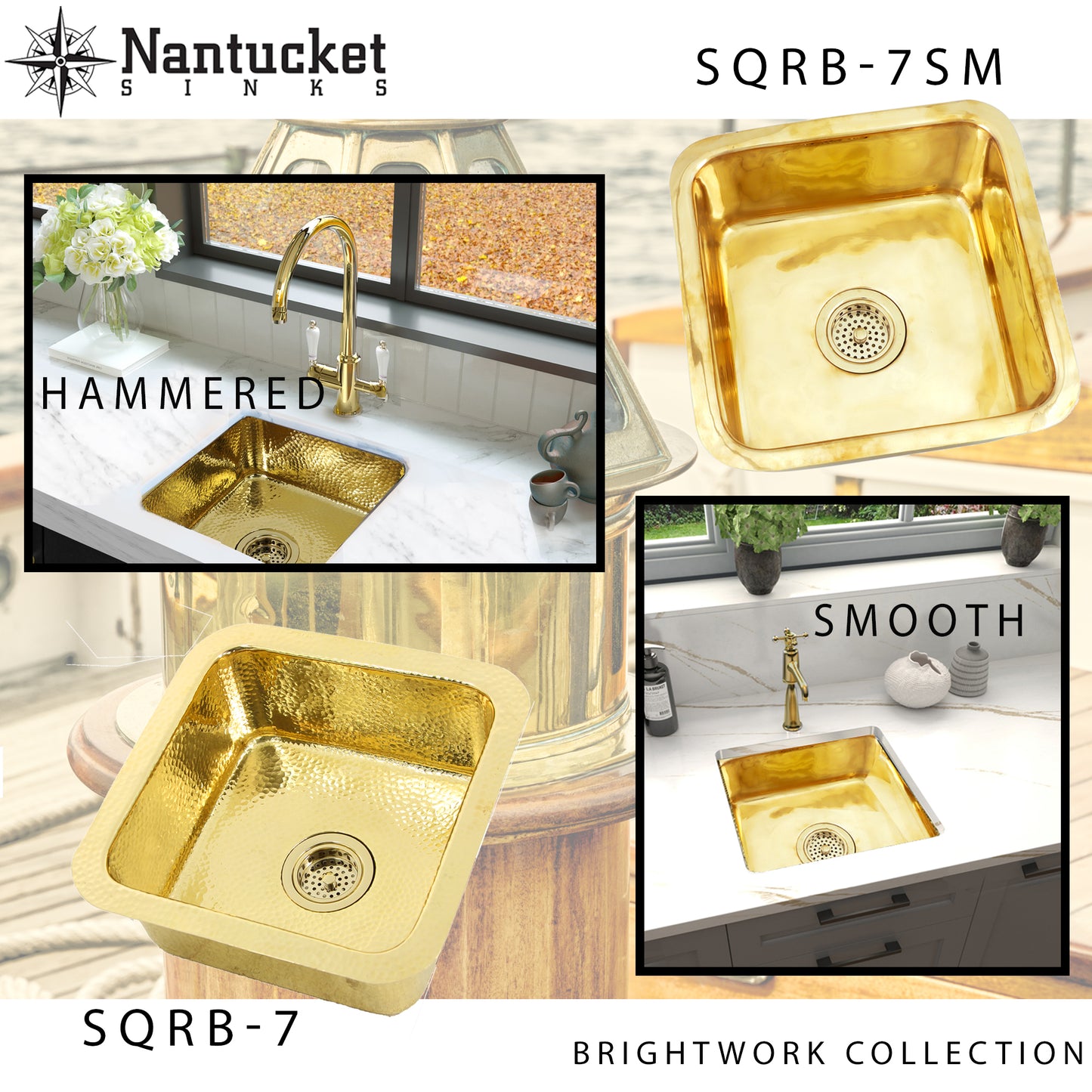Nantucket SQRB-7 brass bar sink in hammered and smooth finishes