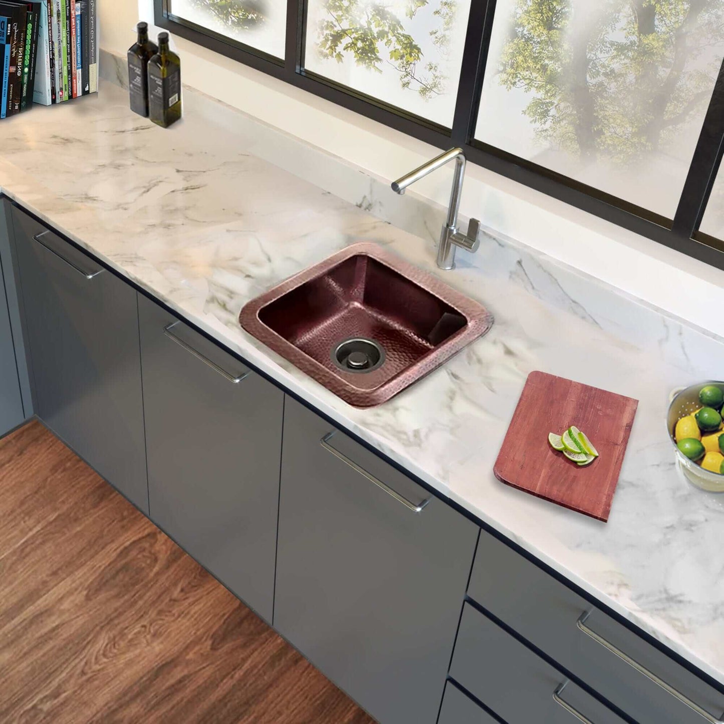 Nantucket 16.625" Copper Square Dual Mount Bar Sink and Cutting Board - SQRC-7PS showcased in a modern kitchen.