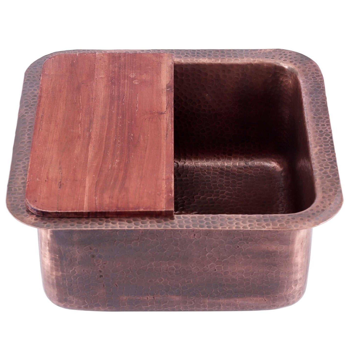 Nantucket 16.625" Copper Square Dual Mount Bar Sink and Cutting Board - SQRC-7PS with wooden cutting board