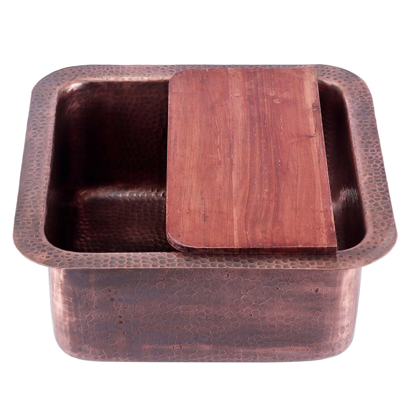 Nantucket 16.625" Copper Square Dual Mount Bar Sink and Cutting Board - SQRC-7PS with wooden cutting board.
