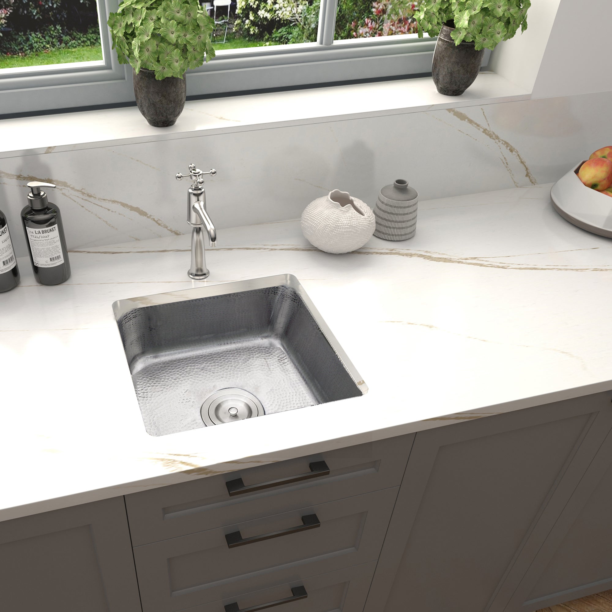 Nantucket SQRS-7MF 16.5-inch hand-hammered satin stainless steel square bar sink, installed
