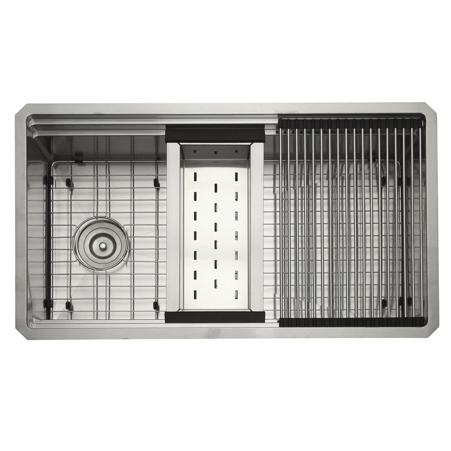 Nantucket 32" Small Radius Pro Series Prep Station Single Bowl Undermount Stainless Steel Kitchen Sink with Compatible Accessories - SR-PS-3220-OSD top view angle