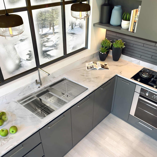 Nantucket 32" Small Radius Pro Series Prep Station Single Bowl Undermount Stainless Steel Kitchen Sink with Compatible Accessories - SR-PS-3220-OSD front view in a modern kitchen.