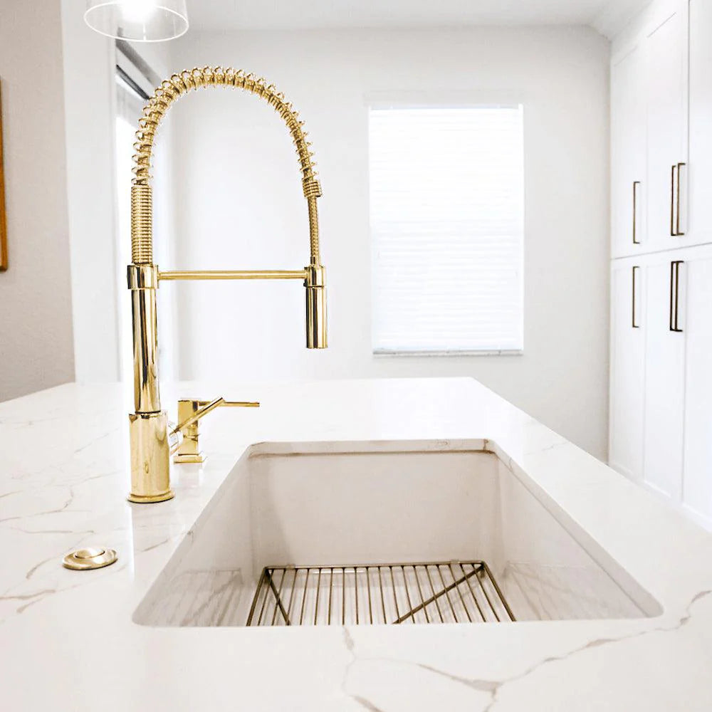 ZLINE Sierra Kitchen Faucet in a modern kitchen with white marble countertop and stylish design.