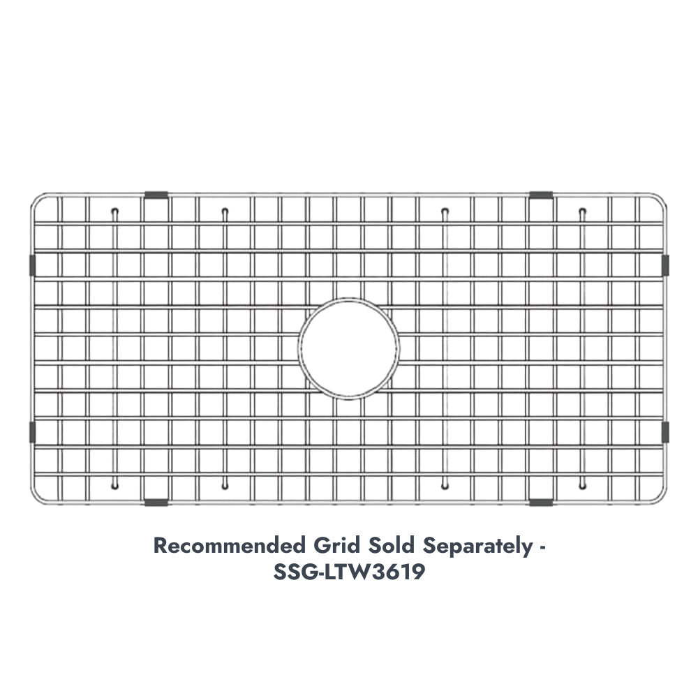 Latoscana 36" Reversible Fireclay Single Bowl Farmhouse Sink grid layout from the front view, recommended grid sold separately.