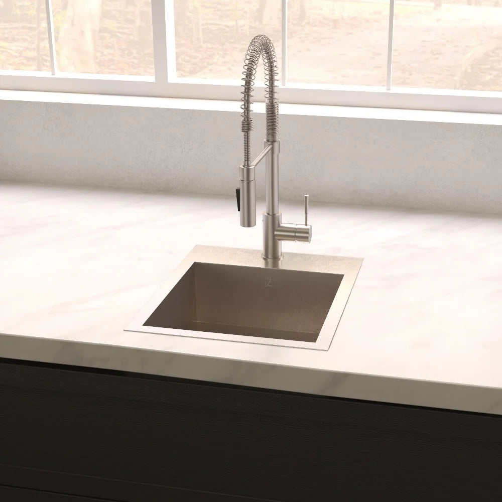 ZLINE Donner 15" Topmount Single Bowl Bar Sink in Stainless Steel (STS-15) with pull-down faucet in a modern kitchen.